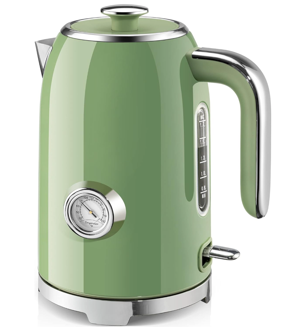 SUSTEAS Electric Kettle - 57oz Hot Tea Kettle Water Boiler with Thermometer, 1500W Fast Heating Stainless Steel Tea Pot, Cordless with LED Indicator, Auto Shut-Off & Boil Dry Protection, Green 