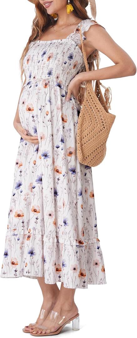 SUNNYBUY Summer Maternity Maxi Dress, Floral Pregnancy Dress with Smocked Bodice Ruffle Sleeves for Casual & Vacation, M