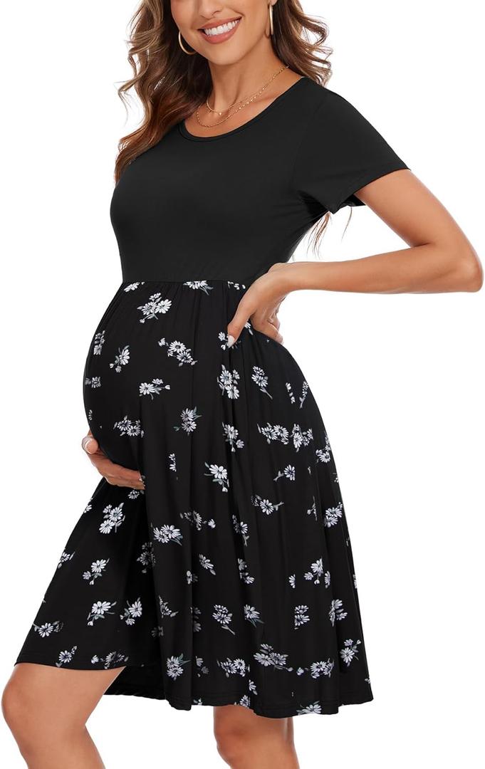 Women's Short Sleeve Maternity Dress Patchwork Pregnancy Clothes with Pockets, Medium