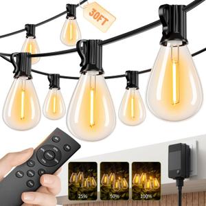 30FT LED Outdoor String Lights with Remote, One Continuous Strand Patio Lights with 10+1 Shatterproof S11 Bulbs, Dimmable 2200K Warm White, Timer & 3 Modes, Low Voltage for Backyard Garden
