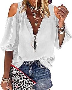 Cnkwei Womens V-Neck Lantern Sleeve Blouse Zipper Design Loose Casual Top Shirts Z-White, Medium