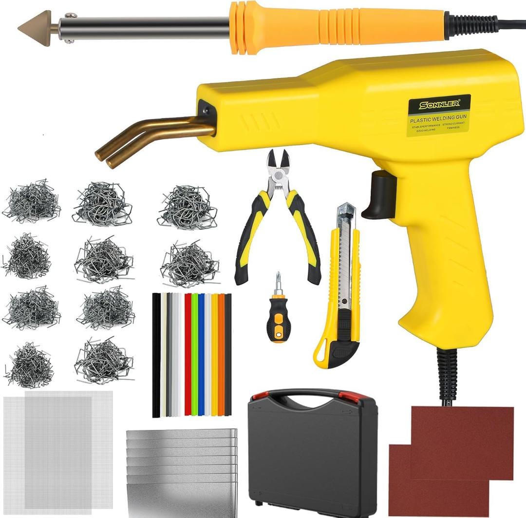 Plastic Welder, 2 in 1 Plastic Welding Kit, SONNLER 1000PCS Hot Stapler Plastic Repair Kit For Car Bumper Crack Repair with Iron, Rods, Metal Mesh, Abrasive Paper, Aluminum Tape (Yellow)