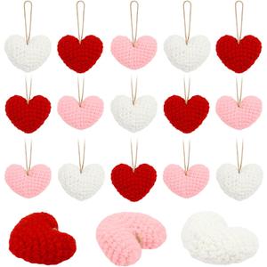 CCINEE 15PCS Valentines Heart Hanging Knit Ornaments, Red Pink White Valentines Crochet Bowl Vase Filler for Valentine's Day Mother's Day Decor