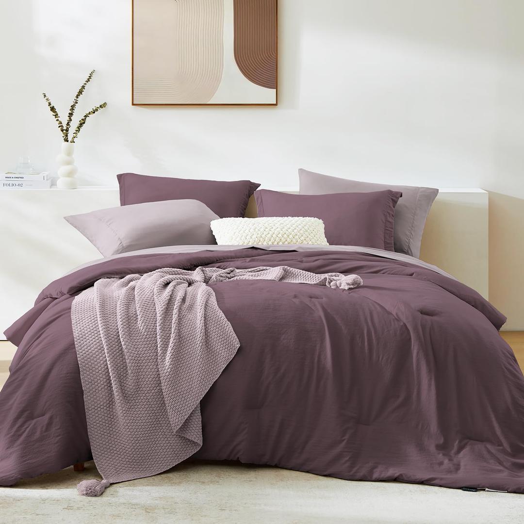 WRENSONGE Queen Comforter Set - 7 Pieces Italian Plum Soft Bed in a Bag Queen with Fitted Sheet, Flat Sheet, 2 Pillow Shams, and 2 Pillowcases- Warm Bedding Sets for All Season