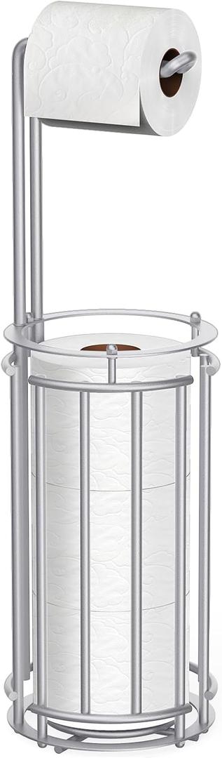 Meangood Toilet Paper Holder Stand and Tissue Paper Roll Dispenser for 4 Mega Rolls, Bathroom Free Standing Tissue Roll Storage Holder Rack, Detachable (Matte Silver)