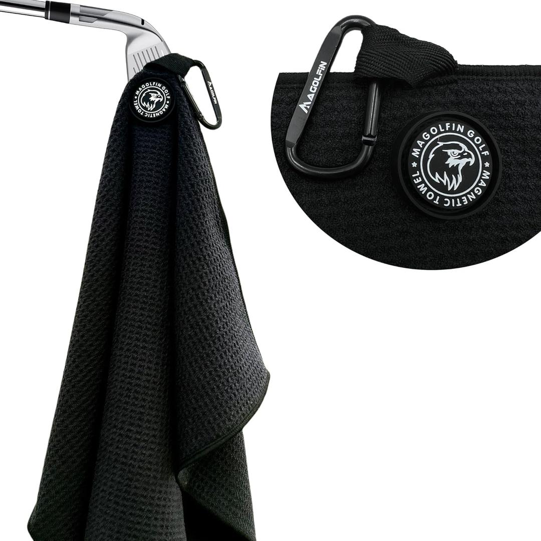 Magnetic Golf Towel with Clip, Microfiber Waffle Design - Industrial Strength Magnet for Strong Hold to Golf Bags, Carts & Clubs - Black