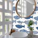 HAOKHOME Peel and Stick Wallpaper Coastal Fish Abstract Underwater World Trellis Navy Blue Removable Contact Paper for Home Bathroom Decorations 17.7in x 9.8ft