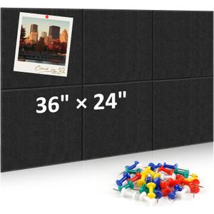 Bulletin Board, 36"24" Felt Wall Tiles, 6 Pack Cork Boards for Office, Large Black Corkboard for Office Home (with 30 Pcs Push Pins) (Black)