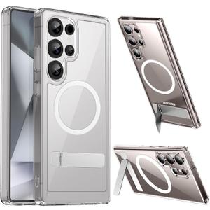 Hiooloon for Samsung Galaxy S25 Ultra Magnetic Case Clear Compatible with MagSafe, Built-in 2-Way Kickstand [Horizontal & Vertical Stand] Crystal Clear Slim Fit Rugged Cover (Clear)
