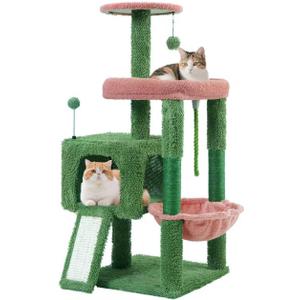 TWDEPART 37.5" All-in-One Cat Tree Tower with Scratching Board & Posts Cozy Sleeping Perch Hammock and Toy Balls, Green