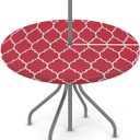 Round Tablecloth with Umbrella Hole and Zipper Moroccan Pattern Outdoor Elastic Fitted Table Cloth 36"-44" Oil-Proof Waterproof Burgundy Red Patio Table Cover for Picnic Party