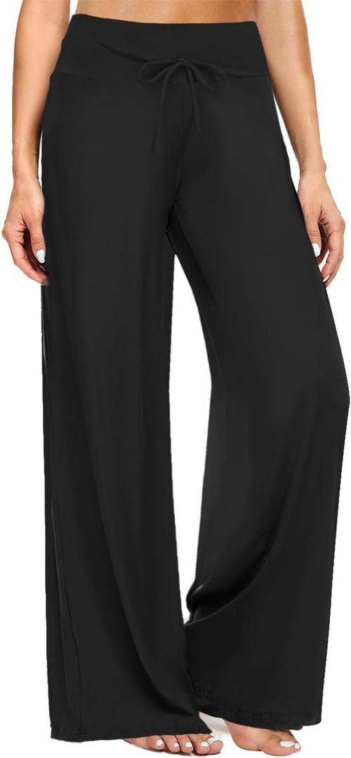 ZOOSIXX Soft Black Pajama Pants for Women, Wide Leg Comfy Casual Lounge Yoga Capri Pants 22'' / 30'' (Large), Black 