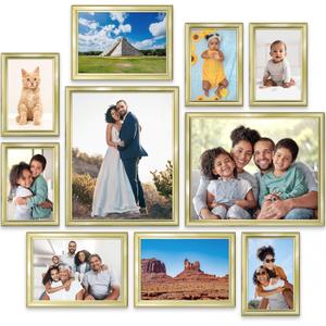Icona Bay Combination Gold Picture Frames Set - 10 PC (Five 4x6, Three 5x7, Two 8x10), Classy Contemporary Style, Maestro Collection for Wall Gallery
