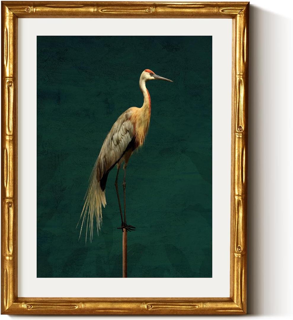 VIYYIEA Bamboo Detail Design Gold Framed Wall Art for Living Room, Crane Canvas Wall Art, Animals Picture Print Painting, Vintage Room Decor Aesthetic Bedroom Kitchen, 11 x 14 Inch, Crane 