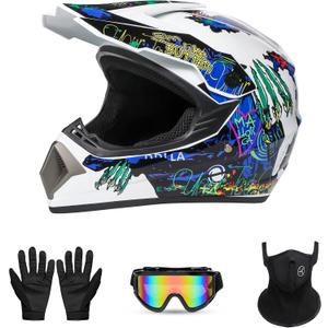 Youth Full-Face Motocross Motorcycle Helmet, DOT Certified, Lightweight and Comfortable Dirt Bike & ATV Helmet, 4-Piece Set (Medium,White Claw)