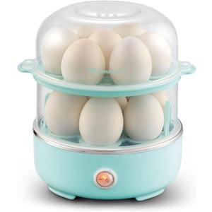 Elite Gourmet EGC1215M Easy Egg Cooker, Stainless-steel Heating Plate, Two-Tiered, 14-Egg Capacity, Soft, Medium, Hard-Boiled, Auto Shut-Off, Omelets, Poached Eggs, Measuring Cup, Piercing Pin, Mint