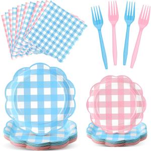96 Pcs Baby Gender Reveal Plates and Napkins Set Party Supplies Pink and Blue Gingham Tableware Scalloped Plates Napkins and Forks for Baby Shower Birthday Party Decorations, For 24 Guest