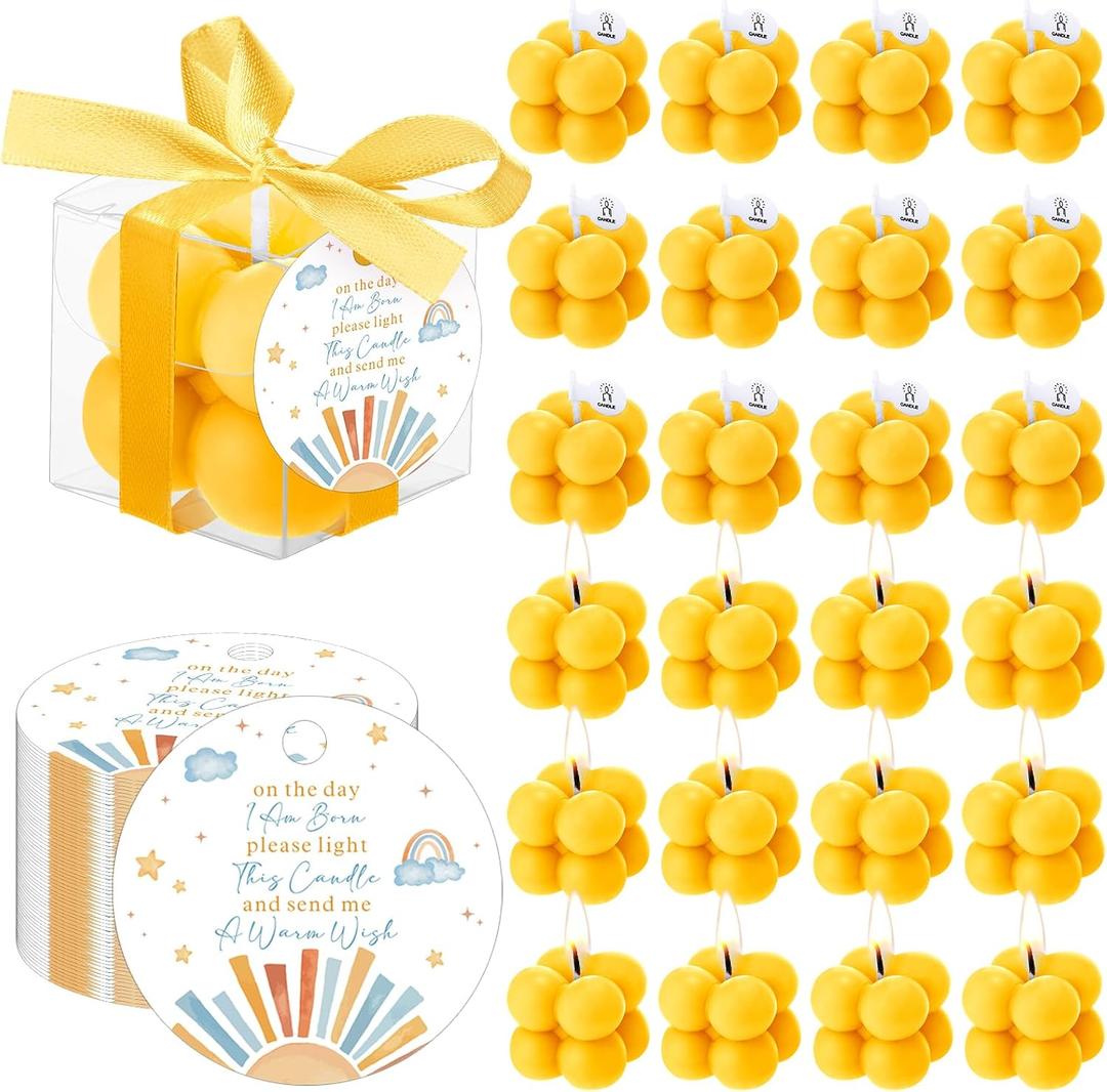 MTLEE 24 Sets Here Comes the Son Baby Shower Favors Small Bubble Candle for Guests Tea Candles Bulk with Stylish Ribbons Cards Gifts Party Decoration(Yellow, Sun)