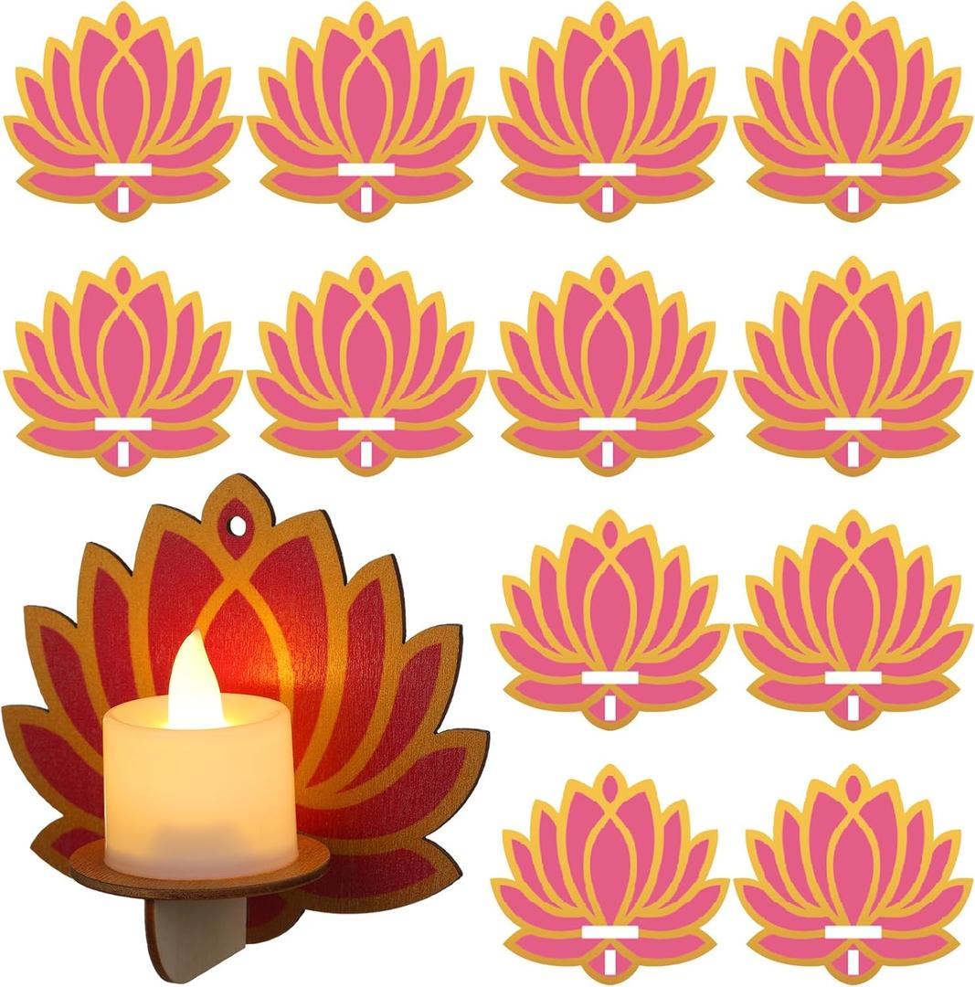 12 Pack Diwali Decoration 4 x 4 Inch Jharokha Lotus Design Wooden Candle Holder Tea Light Diya Holder Traditional Lotus Box Decor for Deepavali Decoration Festive Wall Decor DIY Craft