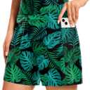 Blouty Women's 7" Long Swim Board Shorts with Pockets Liner High Waisted Quick Dry Beach Swimming Shorts for Women (Large, Palm Leaf)