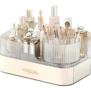 DASITON Makeup Organizer with Drawers and Rotating Makeup Brush Holder,Large Capacity Stackable Cosmetic Organizer Countertop,Bathroom Organizers and Storage,Make up Organizers for Vanity