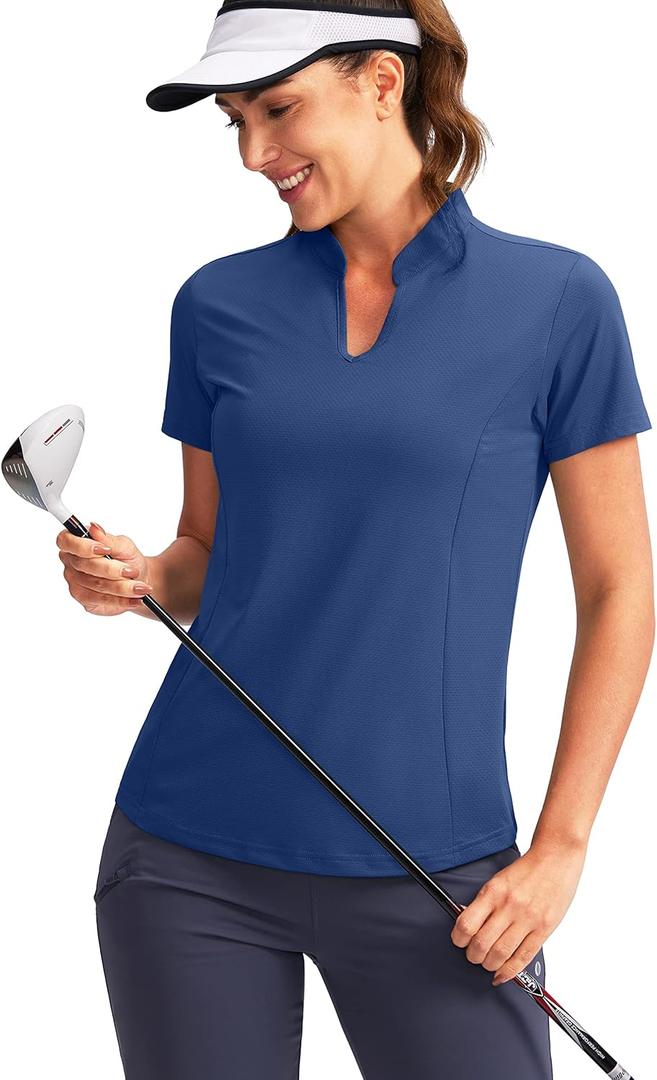 Obla Women's Golf Polo Shirt V-Neck Short Sleeve Collarless Quick Dry Tennis Running T Shirt Golf Tops for Women(Dark Blue_XL)