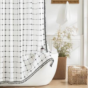 Boho Farmhouse Shower Curtain, Linen Rustic Heavy Duty Fabric Shower Curtain Set with Tassels, Modern Bohemian Vintage Thick Cloth Shower Curtains for Bathroom, Waterproof, Black/White, 72x72