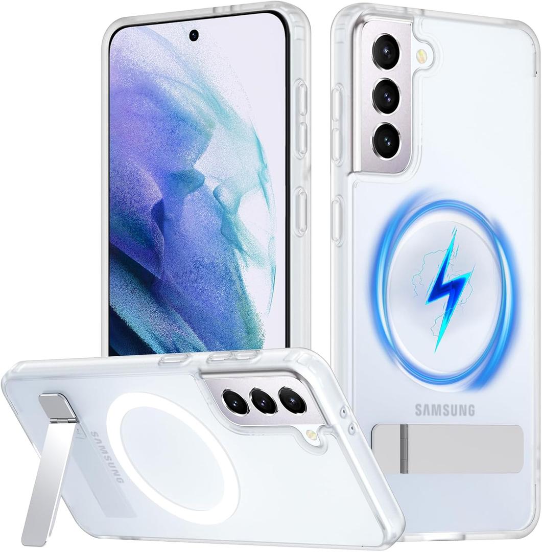 OWKEY for Samsung Galaxy S21 Case with Stand, Magnetic Shockproof Case Fit for Magsafe Translucent Matte Cover for Samsung S21, White