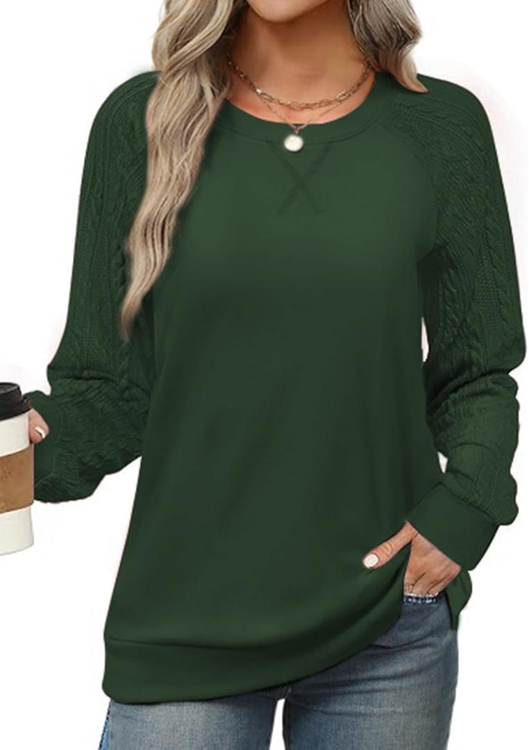 Sweatshirt for Women Crewneck 2026 Fashion Cable Knit Long Sleeve Loose Lightweight Sweater Fall Pullover Blouses Top (Large, Dark Green)