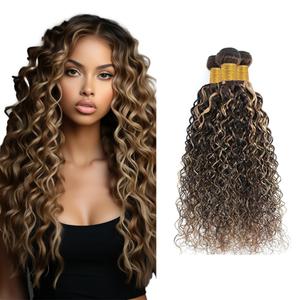 Highlight Kinky Curly Bundles P4/613 Human Hair Bundles Brazilian Virgin Hair 3 Bundles Color #4 Bundles Two Tone Brown Mixed With Blonde Bundles Human Hair for Black Women 24 26 28 Inch
