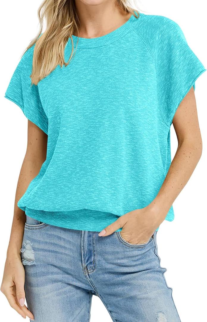 Saodimallsu Womens Short Sleeve Crewneck Sweater Summer Tops Casual Loose Knit Lightweight Basic Pullover Shirts (Blue)