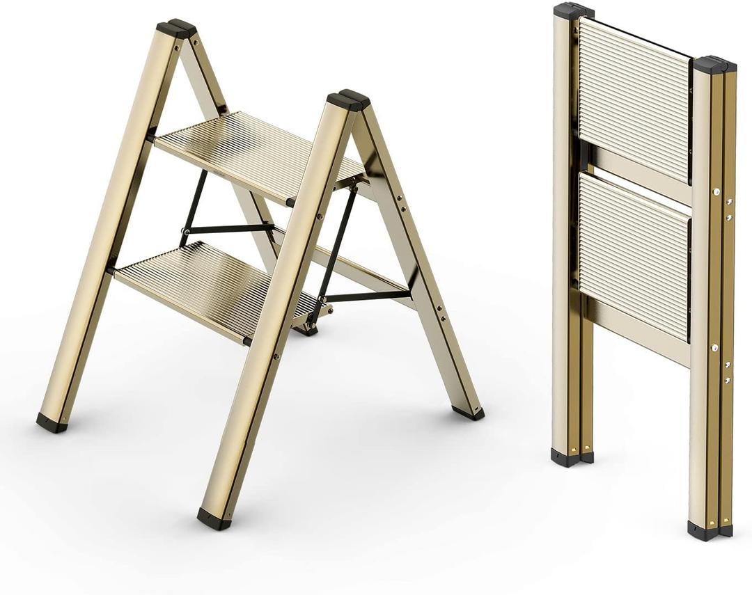 WOA WOA 2 Step Ladder, Foldable Step Stool, Aluminum Lightweight Ladder for Home Kitchen Closet, Anti-Slip Pedals, Ease of Folding, Portable, 300lbs Capacity - Gold (Brown Gold)