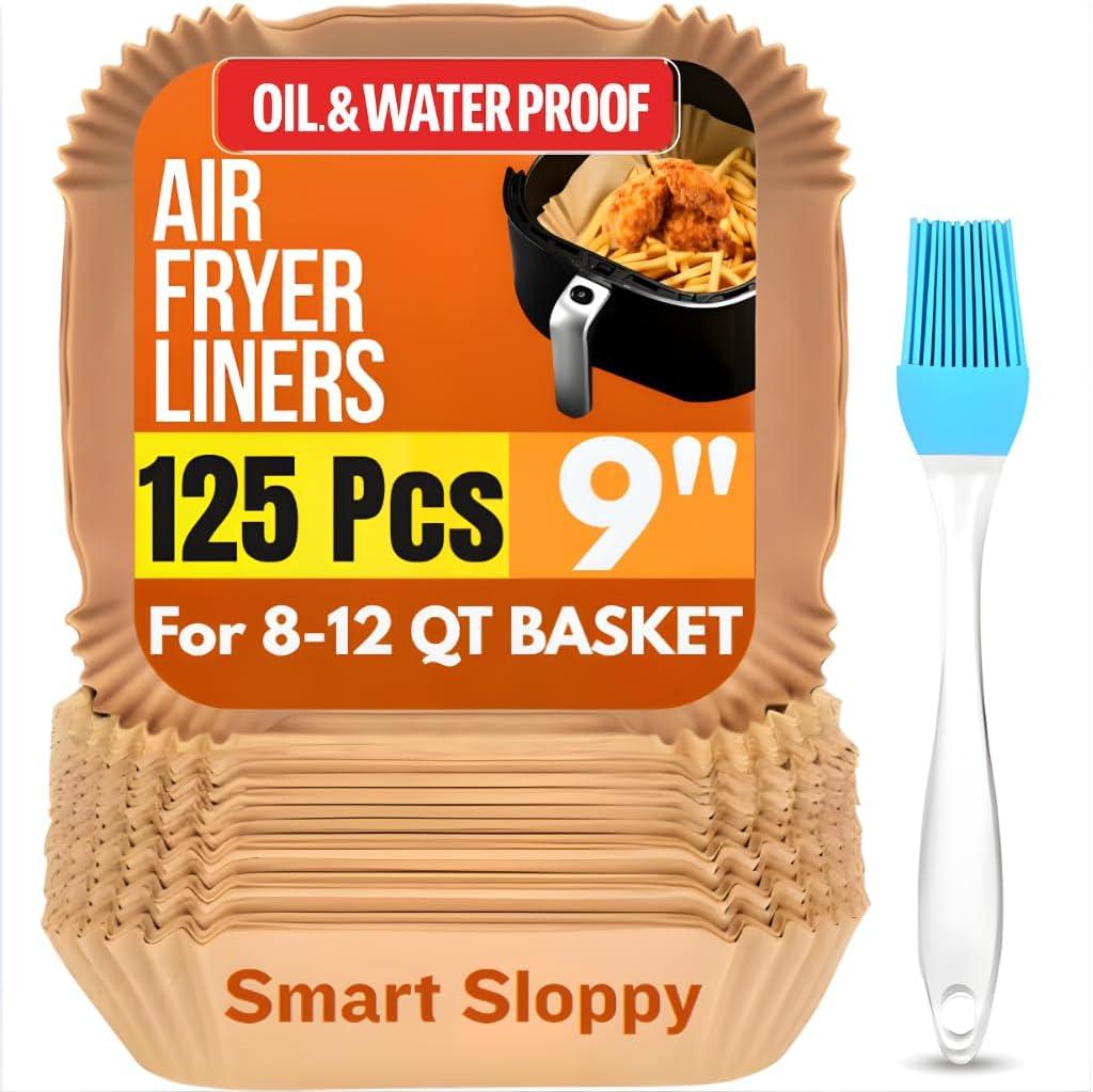 Air Fryer Liners Disposable Parchment Paper Liner Airfryer 5-8 QT Basket Inserts Filter Sheets EXTRA THICK 40 GSM - Pack of 125 (125, 9'' Square Paper liners)