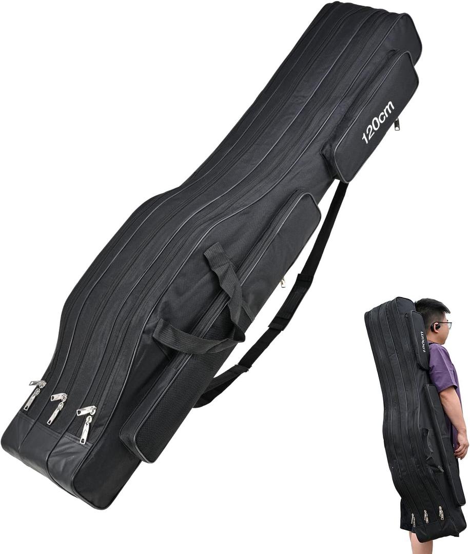 LEOFISHING Portable 3 Layers Fishing Pole Bag Durable Oxford Folding Fishing Rod Reel Carry Case Tackle Storage Bag Case Waterproof Camouflage Travel Fishing Carrier (Black, 120cm/47in)