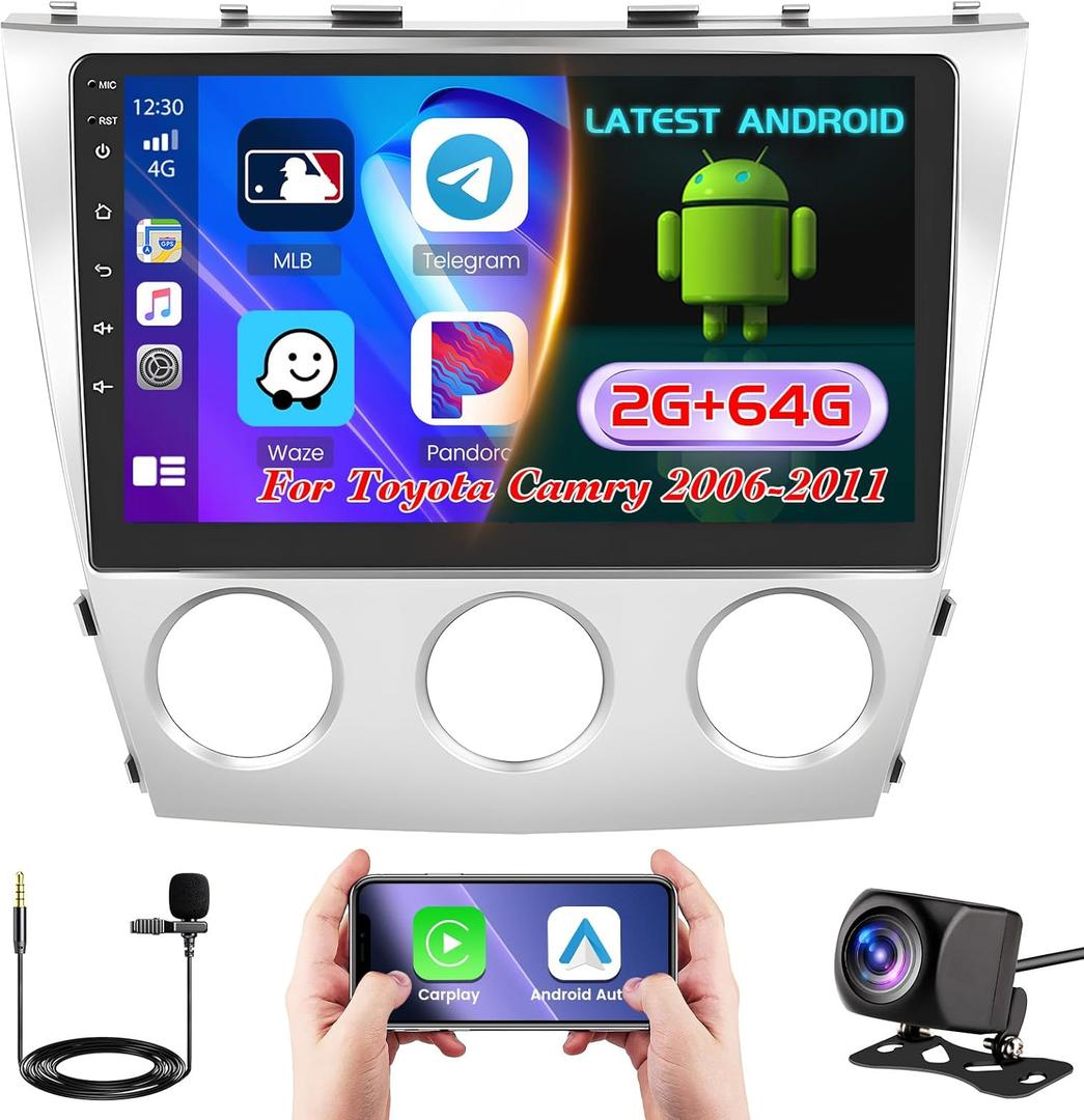 Hikity 2+64GB Android 13 Car Stereo for Toyota Camry 2006-2011 with Wireless Carplay Android Auto, 10.1 Inch Touchscreen GPS WiFi Bluetooth FM RDS SWC MIC Backup Camera