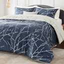 Bedsure Full Size Comforter Sets - Bed in a Bag Full 7 Pieces Reversible Navy Blue Flroal Bed Set Tree Branch Pattern Printed with Comforters, Sheets, Pillowcases & Shams