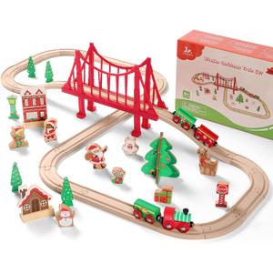 SainSmart Jr. Wooden Train Set 50 Pcs Train Set - Toy Train with Exquisite Box, Wood Train Track Set Fit for Major Brands, Ideal Railway Playset for Boys and Girls