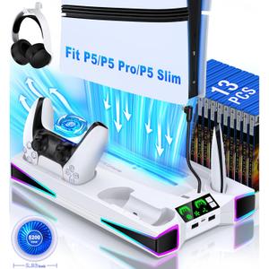 Kawaye PS5 Stand PS5 Cooling Station for PlayStation 5/Pro/Slim Console, PS5 Accessories Vertical Stand with 2.36in Cooling Fan, RGB Light, Dual Controller Charger, Headset Holder, 3 Charger Port (White)