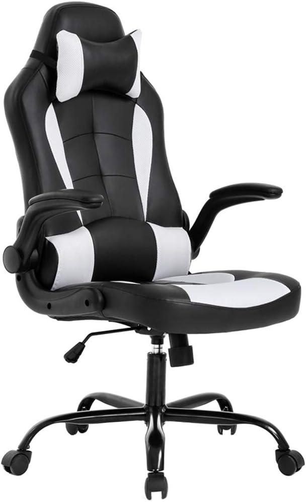 BestOffice PC Gaming Chair Ergonomic Office Chair Desk Chair with Lumbar Support Flip Up Arms Headrest PU Leather Executive High Back Computer Chair for Adults Women Men (White), 28d X 27.3w X 47.6h in