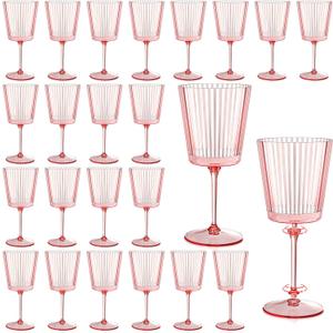 24 PCS Pink Plastic Wine Glasses with Removable Stems 13.5 OZ Ribbed Wine Glass Set Square White Wine Glasses Muted Pastel Colors Goblets Elegant Fluted Glassware for Wedding(Pink, 24 Pack)