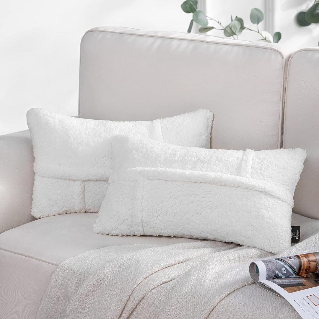 Phantoscope Pack of 2 Sherpa Solid Throw Decorative Pillow Cover Decorative Faux Fur Fluffy Cushion Cases Soft Pillow Cases for Bedroom/Couch, White 12 x 20 Inches