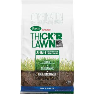 Scotts Turf Builder Thick'R Lawn Sun and Shade - Combination Grass Seed, Lawn Fertilizer and Soil Improver, Thickens Thin Grass, Covers 4,000 sq. ft., 40 lb. (EXP 08/03/26)