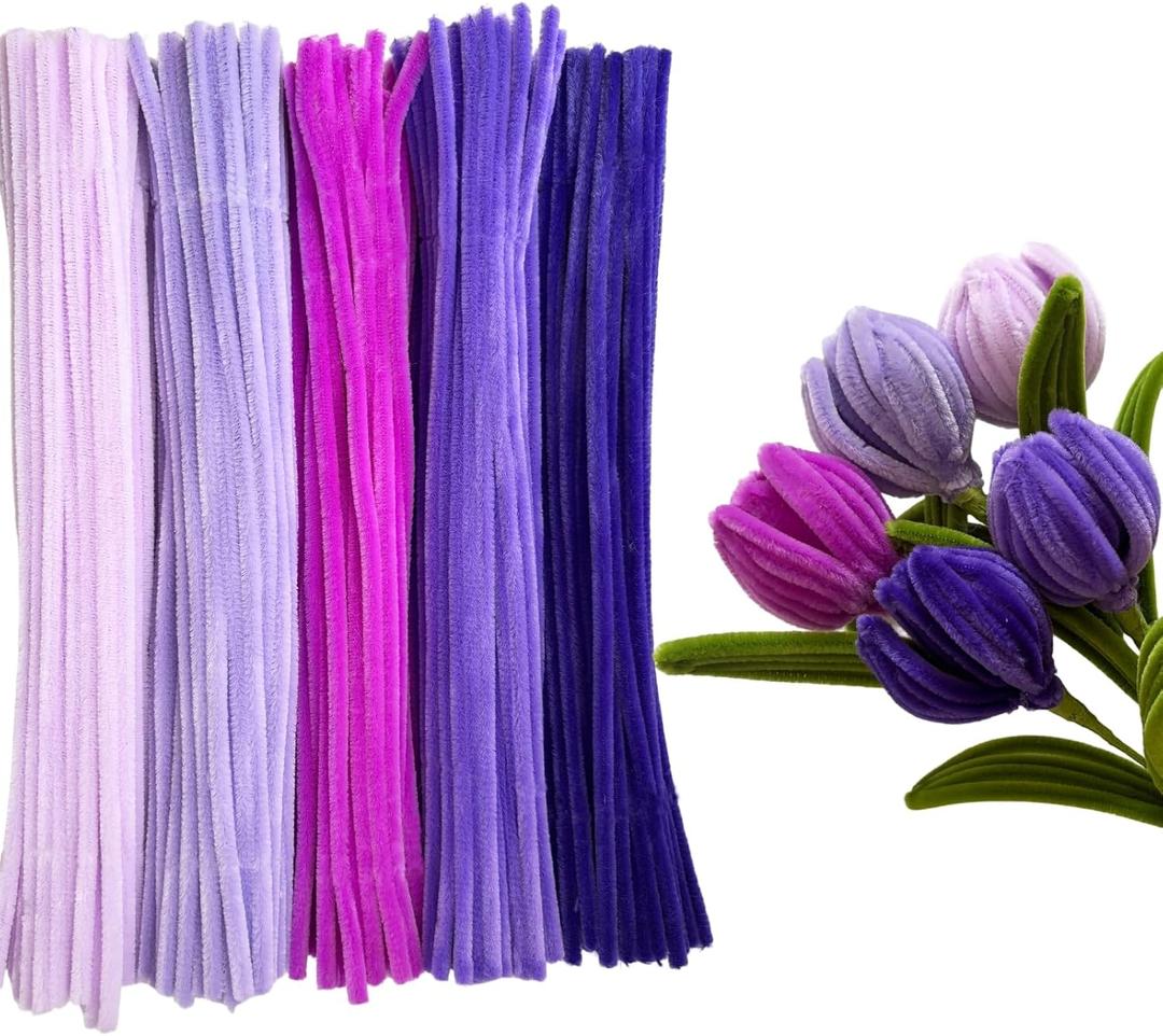 Craft Pipe Cleaners, 500pcs 5 Colors Purple Pipe Cleaners Craft Supplies Chenille Stems for Handmade Gift Flower Bouquet DIY Art and Craft Projects (6 mm x 12 Inch)