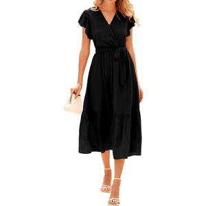BTFBM Women Summer Bohemian Floral Casual Wrap V Neck Ruffle Cap Sleeveless Belt A-Line Pleated Hem Swing Midi Sun Dress (Solid Black, Small)