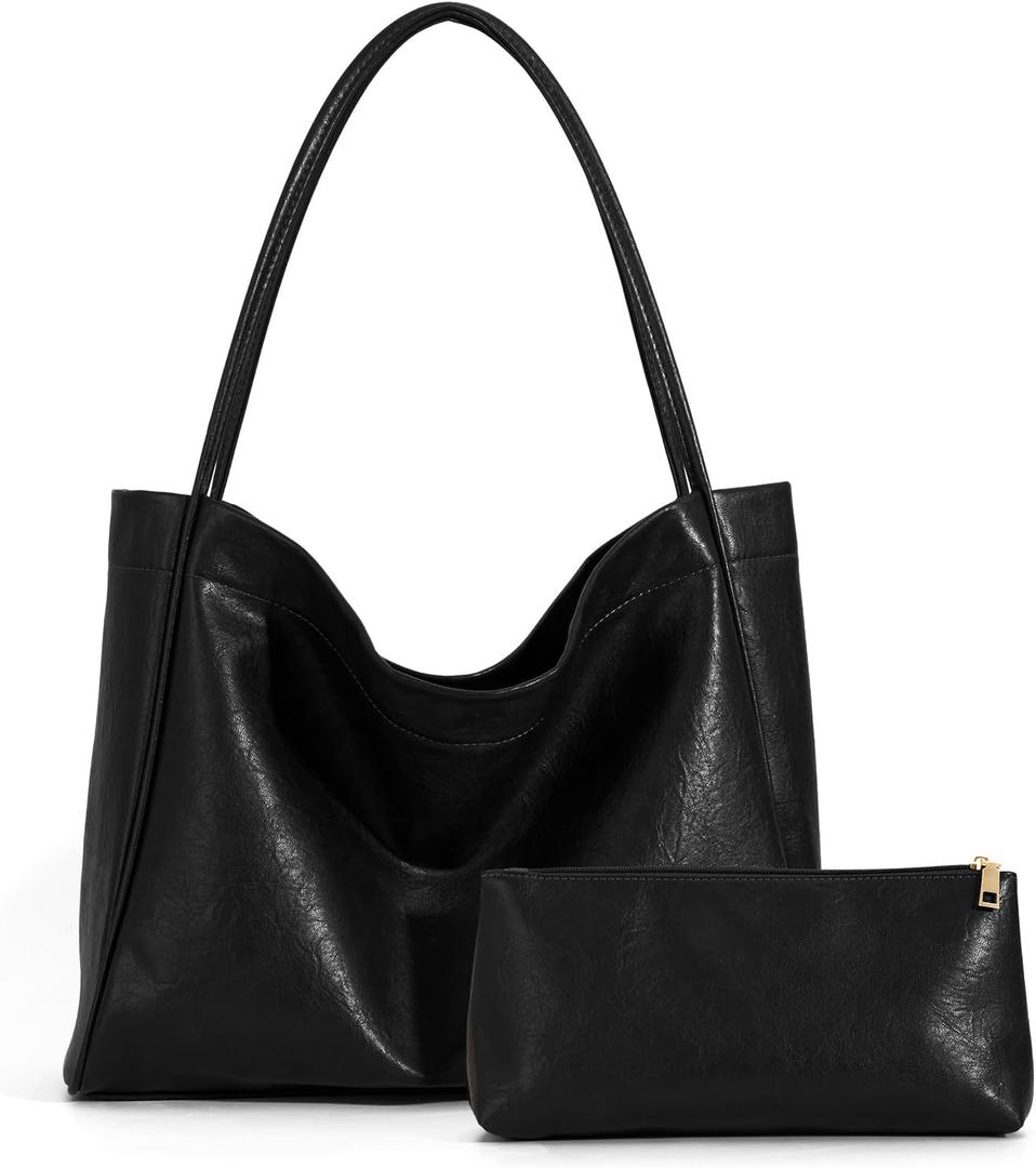 VOCUS Tote Bag for Women 2Pcs Large Casual PU Weekender Bag Soft Vegan Leather Shoulder Hobo Handbag Purse Travel Oversize (Black)