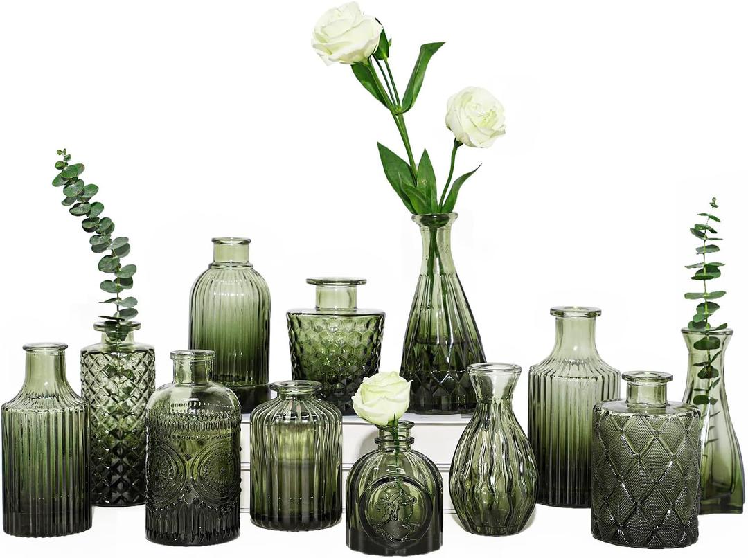 TBWIND 12pcs Green Glass Bud Vases Set, Small Vases for Flowers, Bud Vase for Centerpieces in Bulk, Mini Vintage Vase for Wedding Decorations, Office and Home Table Flower Dcor