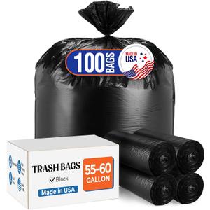 Delxo 55-60 Gallon Black Trash Bags, 100 Count  0.9 Mil Medium Duty Garbage Bags, Thick, Durable & Puncture-Resistant Plastic, Perforated Design  Made in USA for Kitchen, Yard, Office & Party