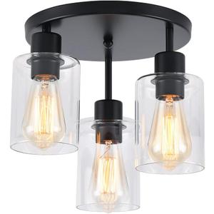 3-Light Industrial Farmhouse Black Matte Light Fixtures Ceiling Mount, with Clear Glass Shades Semi Flush Mount Ceiling Light, for Hallway Fixtures Kitchen, Foyer