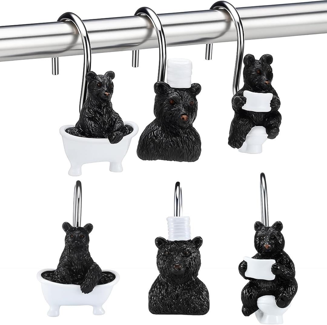 Roowest 12 Pcs Black Bear Shower Curtain Hooks Funny Bear Shower Curtain Hooks Stainless Steel Rust Resistant Rings Hangers for Winter Farmhouse Rustic Bathroom Decor