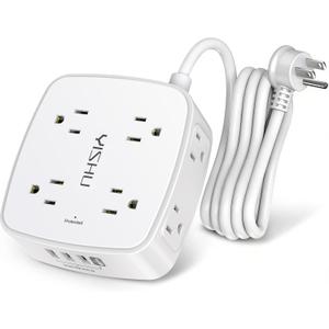 6 Ft Surge Protector Power Strip - 8 Widely Outlets with 4 USB Ports, 3 Side Outlet Extender with 6 Feet Extension Cord, Flat Plug, Wall Mount, Desk USB Charging Station, ETL,White